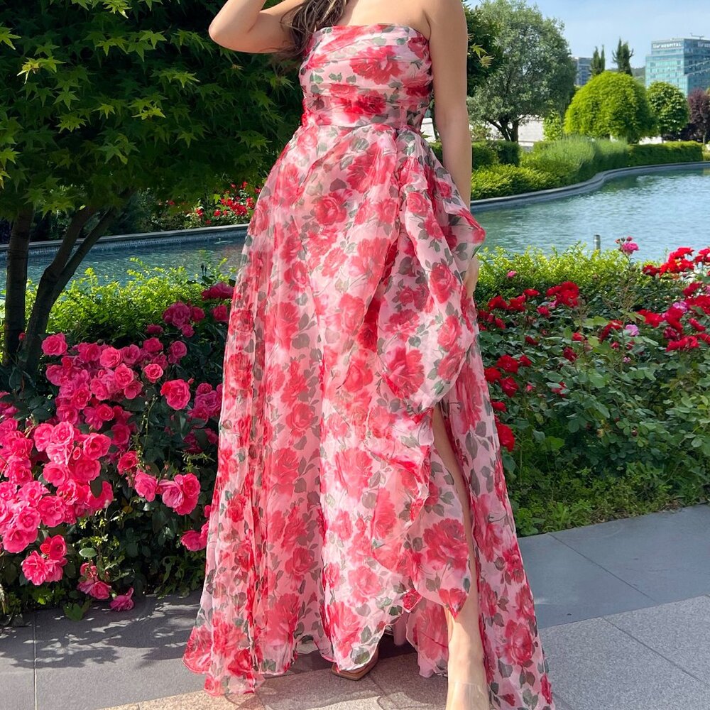 Red/Pink Floral Print Maxi Dress